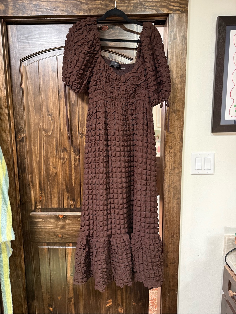 Endless Rose Chocolate Brown Puff-Sleeve Textured Maxi Dress